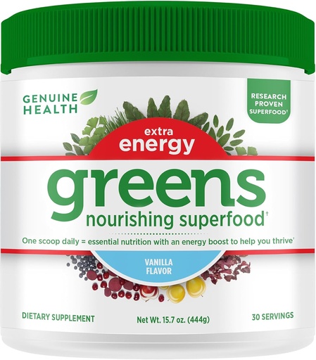 [BRSROAT2AANWKE3D] Ægte sundhed Grønne + ekstra energi Superfood Powder, Giver en øjeblikkelig energi Boost & Understøtter Gut Sundhed, Vanilla Flavoured, 30 Servering