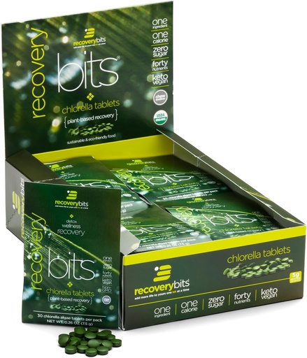 [BRSWYYI7PN7GG2TA] RECOVERYbits - Tablets Organic Chlorella - Superfood Algae baseado en plantas - Chlorophyll - parede celular craqueada - Enerxía - Sistema inmunitario - Detox - Keto - Vegan - Non-GMO - Caixa de 30 Pouches - 900 tabletas