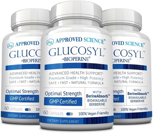[BRSW2GQYCEHBOA3Z] Approved Science Glucosyl Supplement - 250 mg Berberine, Mulberry, Aqueous Cinnamon - 60 Vegan Capsules - Pack of 3