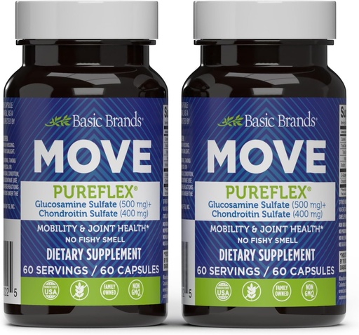 [BRSROGIQOQFBGYIZ] Marcas básicas - Move Pureflex Glucosamine Chondroitin - Suplemento de Soporte Conjunto para Flexibilidad & Movilidad - 60 cápsulas - 2-Pack