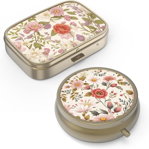 [BRSROBD2BMIBS2Q6] Pill Organizer Pill Box with Mirror Retro Small Pill Case for Purse or Pocket Bronze Pill Box or Vitamins, Fish Oil, Supplements, Pill Containe Travel Gifts（2PCS-Retro Red Flowers）