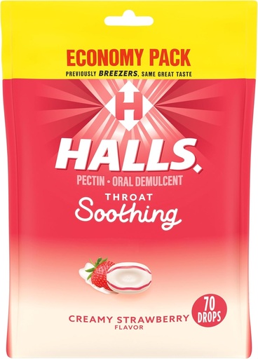 [BRSWGHYHBAJRAEQ7] HALLS Dziedzera nomierināšana (iepriekš HALLS Breezers) Krēmveida zemeņu Throat Drops, ekonomisks iepakojums, 70 Drops