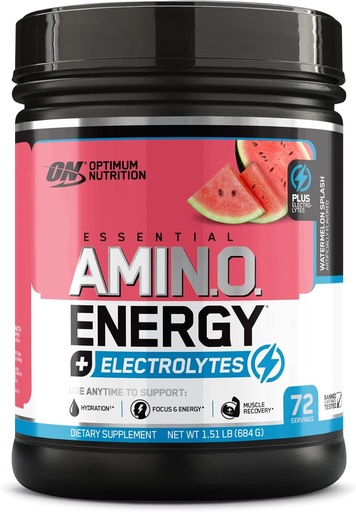 [BRSW2AYZCB4AOAIZ] Optimum Táplálkozás Essential AMIN.O Energy & Electrolytes - Energia, Fókusz & Post- Edzés Izom Recovery - Görögdinnye Pre- Edzés Elektrolit Powder Drink - Görögdinnye Splash, 1,51 lb (72 szerváció)
