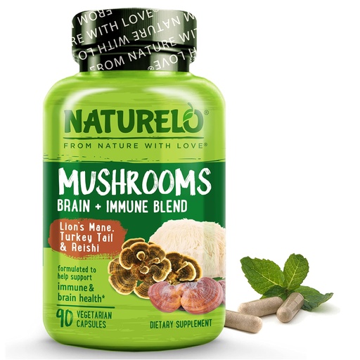 [BRSW2GAQB4JR4HT4] NATURELO Mushroom Supplement Capsules, 90 Ct, Brain & Immune Support, Vegan-Friendly, Lions Mane Supplement Capsules, Lion’s Mane, Reishi, Turkey Tail Blend