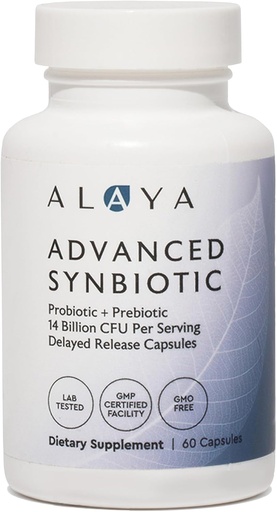 [BRSWGGIYBUPA4HQU] Alaya Naturals Advanced Synbiotic - Probiotikoa + Prebiotikoa - 14 mila milioi CFU Atzeratutako Argitalpen Probiotikoa Sunfiber®-eko Prebiotikoekin, eta L-glutamine Gut Lining Osotasunerako - 60 kapsula