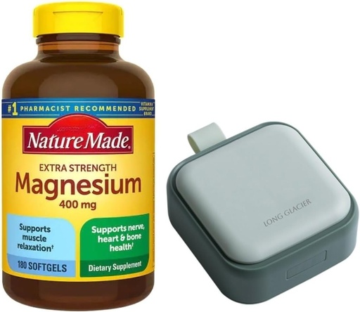 [BRSRAYDQDINAOC34] Nature Mades Magnesium 400 mg Extra Strength 180 Softgels, 180 Supply Days | Supports Muscle Relaxation, Nerve, Bone and Heart Health | Bunde with LONG GLACIER Pill Oragnizer, Green