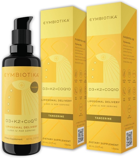 [BRSREYD3BZ4BG23F] CYMBIOTIKA Vitamina D3 + K2 + CoQ10 Líquido, Vitamina D Suplemento de Apoyo Inmunitario, Salud del Corazón &amp; Bone Health, Energía Booster, Entrega Liposomal, Vegan, Tangerine Flavor, 2pck (4.0 fl oz.)