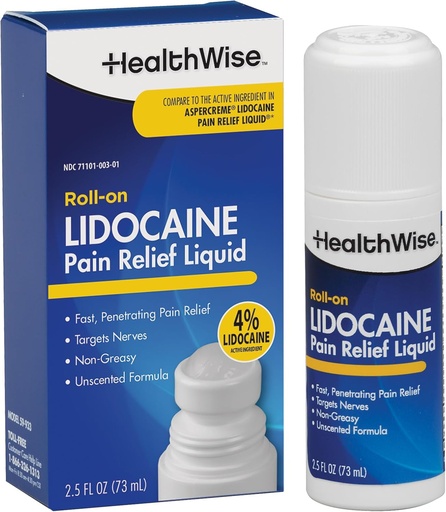 [BRSROBI2BMCRSELZ] HealthWise %4 Lidocaine Roll-On | OTC Indarra | Pain Relief Liquid | 2.5 oz 73 mL | Ez-Greasy, nabarmendu gabeko formula | Anestiko topikoa