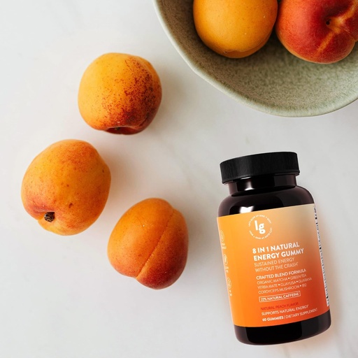 [BRSRAFQEOEHR6ADF] Gommies d'énergie naturelle 8-en-1 – Vitamine B12, C, caféine, Multivitamine + Soutien au sommeil et au focus – Mâches d'énergie végétalienne pour les hommes et les femmes – Saveur de pêche – 60 Ct