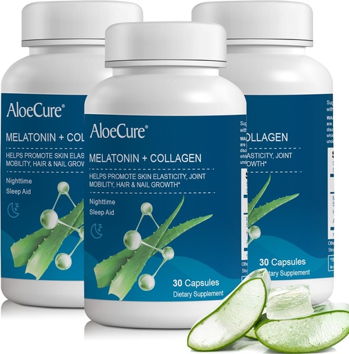 [BRSWYAQ7BB5WKH3H] AloeCure Natural Melatonin + Collagen with Organic Aloe Vera - Natural Sleep Aid Supplement for Restful Nights - Collagen Complex for Joint Strength, Skin Elasticity, Hair & Nail Growth, 30 Capsules