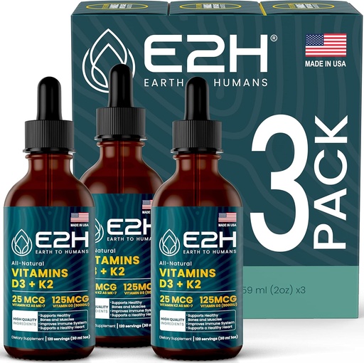 [BRSRMBQCOUCQ4FAU] E2H EARTH TO HUMANS Vitamin D3 & K2 Supplement for Immune Support - Liquid Vitamin D3 5000 IU - Made in The USA | Non-GMO, Vegan - (3 Bottles)