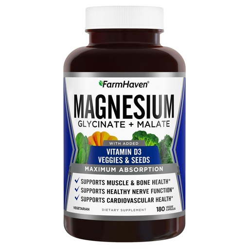 [BRSROBTROYBBYELJ] FarmHaven Magnesium Glycinate & Malate Complex w/Vitamin D3, 100% Chelated for Max Absorption, Vegetarian – Bone Health, Nerves, Muscles, 180 Capsules, 90 Days