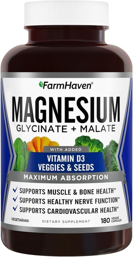 [BRSROBTROYBBYELJ] FarmHaven Magneziu Glicinat & Malate Complex w/Vitamina D3, 100% Chelated for Max Absorbtion, Vegetarian 