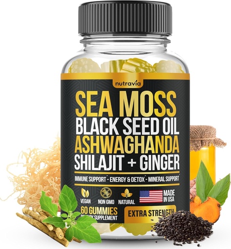 [BRSRAZYPOUPR6332] Sea Moss, Black Seed Oil, Ashwagandha, Ginger, Shilajit Gummies with Elderberry, Chlorofill, Turmeric Bladderwrack Sea Moss Gummies Advanced Formulės - Viskas 1 Bundle - JAV Made (60 Gummies)