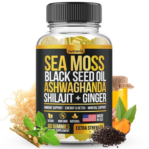 [BRSRAZYPOUPR6332] Sea Moss, Black Seed Oil, Ashwagandha, Ginger, Shilajit Gummies with Elderberry, Chlorophyll, Turmeric Bladderwrack Sea Moss Gummies Advanced Strength Formula - All in 1 Bundle - USA Made (60 Gummies)