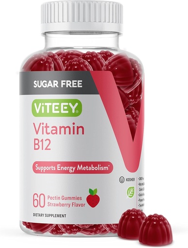 [BRSRMHAHCQDQGG32] Viteey Vitamin B12 成人和青少年的Gummys 1000mcg,无糖 - 有利于能源,代谢,自然能源支持 - Vegan, Gelatin Free, Gluten Free, GMO Free - Chewable Strawberry Flavored (英语).