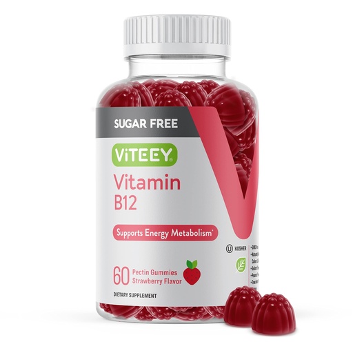 [BRSRMHAHCQDQGG32] Viteey Vitamin B12 Gummies for Adults & Teens 1000mcg, Sugar Free - Good for Energy, Metabolism, Natural Energy Support - Vegan, Gelatin Free, Gluten Free, GMO Free - Chewable Strawberry Flavored