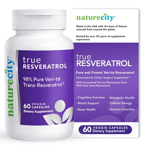 [BRSWGCA5C4FBOFDK] NatureCity TrueResveratrol – Resveratrol Supplement & Anti-Aging Support with 75mg Trans-Resveratrol (98% Pure Veri-te) for Heart, Immune, Bone & Cognitive Health | 60 Veggie Capsules