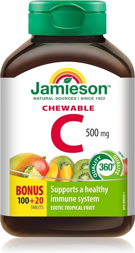 [BRSWIYIEOYFQGAAV] Jamieson Chewable Vitamin C 500 mg Exotisk tropisk frukt, 120ct, importerad från Kanada