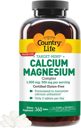 [BRSWIYYABAFBC3DG] Country Life Target- Mins Calcium Magnis Addition for Bone Health, 1000mg Calcium, 500mg Magnis, Gluten Free, 2: 1 Santykis optimaliam naudojimui