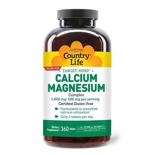 [BRSWIYYABAFBC3DG] Country Life Target-Mins Calcium Magnesium Supplement for Bone Health, 1000mg Calcium, 500mg Magnesium, Gluten Free, 2:1 Ratio for Optimal Utilization