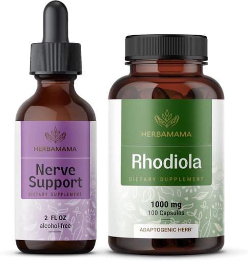 [BRSRAGIDCQGREC3A] HERBAMAMA Nerve Support and Rhodiola Kit - Bundle of Nerve Support Liquid Complex 2 fl oz & Rhodiola Rosea Capsules - Vegan, Non-GMO, Sugar & Alcohol-Free, 2 Pack