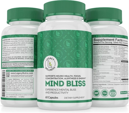 [BRSROYD5DEIRAE3H] Mind Bliss Brain Supplement: 40-Ingredient Memory, Focus & Clarity Vitamins, Energy Boost & Nootropic Support with DMAE, 60 Pills