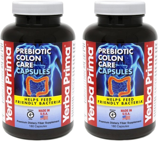 [BRSWKHY3BUAWOCI4] Yerba Prima Prebiotic Colon Care Capsules Dietary Fiber, 180 Count, (Pack of 2) - Five Forms of Fiber Plus FOS Prebiotics Supplement - Soluble & Insoluble for Regularity & Digestive Support