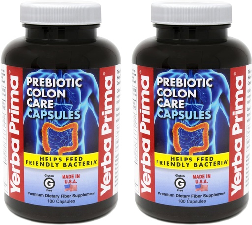 [BRSWKHY3BUAWOCI4] Yerba Prima Prebiotic Colon Care Capsules Dietary Fiber, 180 Count, (Pack of 2) - Five Forms of Fiber Plus FOS Prebiotics Supplement - Soluble & Insoluble for Regularity & Digestive Support
