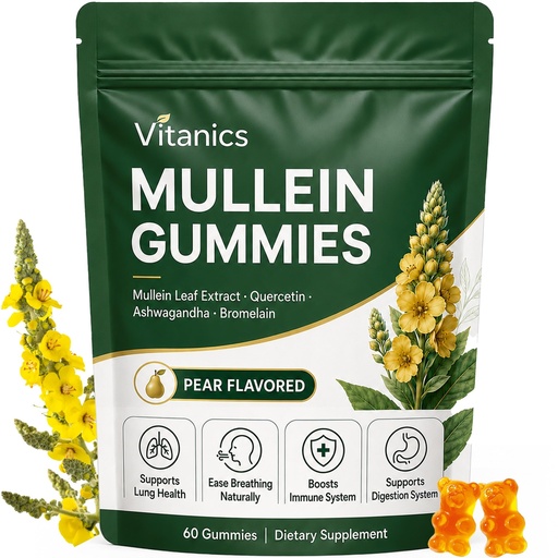 [BRSRAGAHCQHWKGTD] Vitanics Mullein Gummies, Mullein Leaf Extract for Lungs, Daily Respiratory Health Gummies with Quercetin, Ashwagandha, Bromelain & Vitamin D3, Lung Health & Sinus Relief, Pear Flavor, 30 Day Supply