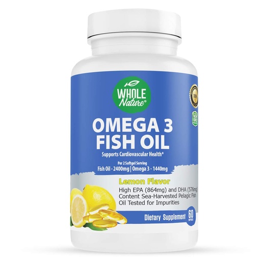 [BRSWGZYTAV4BU3T3] Omega 3 Fish Oil Supplements, Maximum Strength 2400 mg Omega-3, 1440mg Fish Oil, EPA DHA Fatty Acids, Heart Health, Vision, Eye, Brain, Immune Support for Women & Men. Natural Lemon Flavor, 60 ct (1)