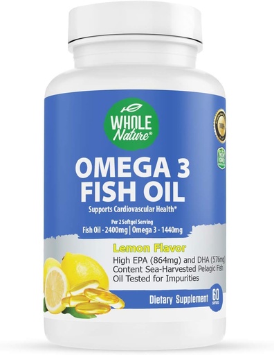 [BRSWGZYTAV4BU3T3] Omega 3 Fish Oil supplements, Maximum Strength 2400 mg Omega-3, 1440mg Fish Oil, EPA DHA Fatty Acids, Heart Health, Vision, Eye, Brain, Immune Support for Women &quot; Natural Lemon Flavor, 60 ct (1)