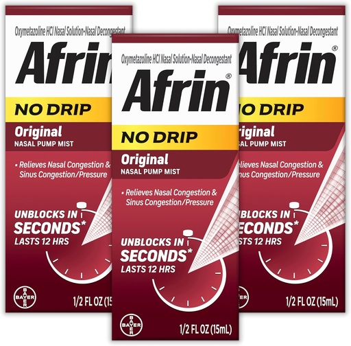 [BRSRAYYFCV5BMC3A] AFRIN No Drip Original Nasal Mist Triple Pack, Non-Drowsy, Fast-Acting Descongestionant para congestão nasal e alívio da pressão sinusal, adultos e crianças 6 e mais velhos, .5 fl oz (Pack of 3)