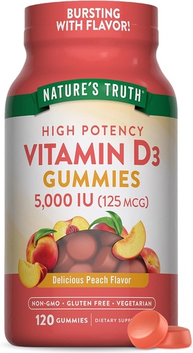 [BRSRMHD5BZYGMELA] Nature's Truth Vitamin D3 Gummies | 5000 IU | 120 Count | Vegetarian, Non-GMO & Gluten Free Supplement | Natural Peach Flavor, Pack of 1