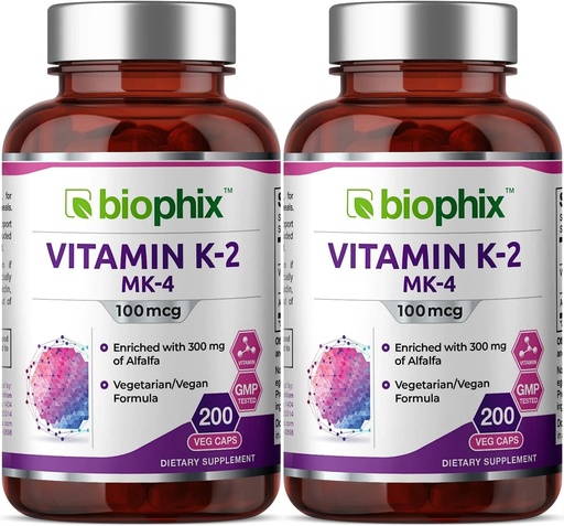[BRSWKYQ5BAFRMGDE] biophix Vitamin K2 MK-4-100 mcg 200 Caps with Alfalfa 2 Pack - Supports Strong Bones Immune Health