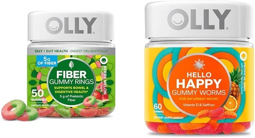 [BRSROBQEBB5W2H3B] OLLY Fiber Gummy Rings, 5g Prebiotic Fiber, FOS (Fructo-oligosaccharides), 消化支持和 Hello Happy Gummy Worms, 茂德平衡支持, 维生素D, 沙弗龙, 成人厨艺补编