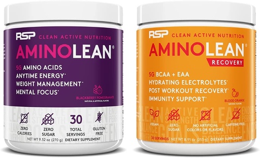 [BRSW2EANBNYB4HQ6] RSP NUTRITION AminoLean Pre Workout Energy (BlackBerry Pomegranate 30 Servings) with AminoLean Recovery Post Workout Boost (Blood Orange 30 Servings)