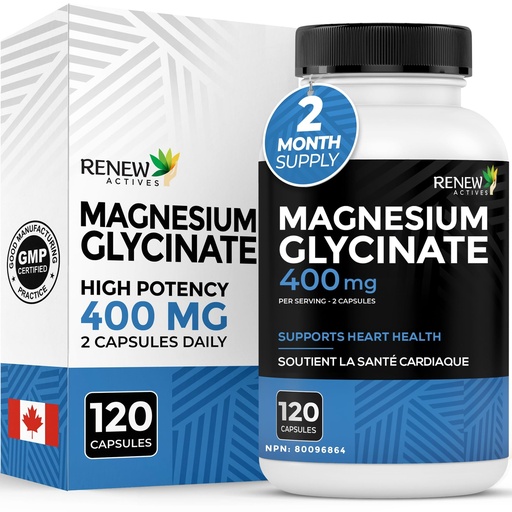 [BRSWYZQEBEMWGA3J] RENEW ACTIVES Magnesium Glycinate 400MG per 2 Capsules Pure Magnesium Bisglycinate for Full Body Relaxation, Sleep, Muscles, Bones & Energy - Electrolyte Balance - Made in Canada -120 Capsules
