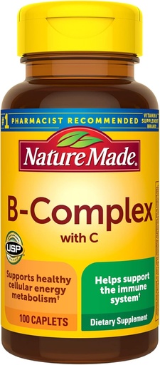 [BRSWIYYOPJ5AICI3] Complejo de la naturaleza B con vitamina C, Suplemento dietético para soporte de sistema inmunitario, 100 caplets, 100 Day Supply