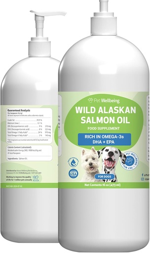[BRSWGHATOFYBYCTK] Pet Wellbeing Wild Alaskan Salmon Oil for Dogs - Wild-Caught, Cold-Processed, Daily Omega-3 Fish Oil for Healthy Coat and Skin, Joint Mobility and Strength - EPA, DHA - 16 fl oz (473 ml)