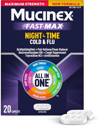 [BRSW2EAHDFYW2YLO] Mucinex Nachtverschuiving Koude en griep, maximale sterkte Krachtige Multi-Symptoom Nighttime Relief, 20 Fast Release Caplets - Pain Reliver/Fever Reducer, Cough Suppressant, Antihistamine