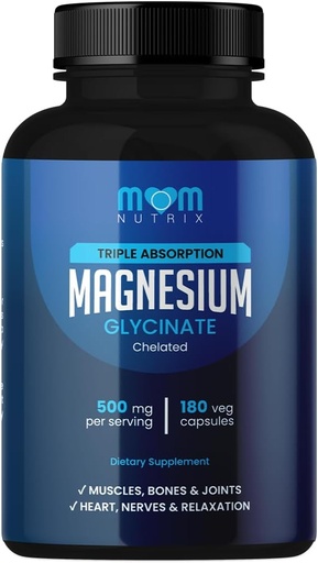 [BRSROBT5OAPGMHTD] Magnesium Glycinate - 500 mg Chelated Triple Absorption Magnesium - Heart, Bones, Joints Support - Calm & Relax- 180 Capsules