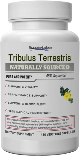 [BRSWGCYHAEPAKHIV] Покращені лабораторії - Tribulus Terrestris - Підтримка продуктивності та корозійні блокувальники з 45% Saponins, Висока потенція та чистий 1500mg Dosage, 180 Овочеві ковпачки - підтримує Vitality - з доданими BioPerine