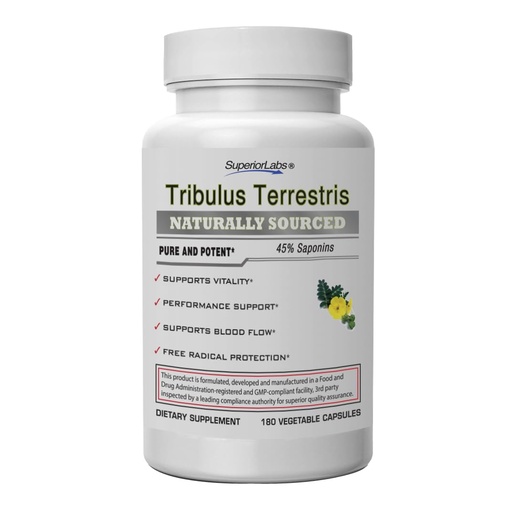 [BRSWGCYHAEPAKHIV] Superior Labs - Tribulus Terrestris - Performance Support & Cortisol Blocker with 45% Saponins, High Potency & Pure 1500mg Dosage, 180 Vegetable Caps - Supports Vitality - with Added BioPerine®