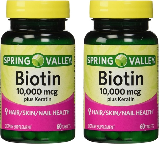 [BRSWIA34CEMR2HA5] Spring Valley 10000mcg Biotin with 100mg Keratin Dietary Supplement, 60 Count (Pack of 2)