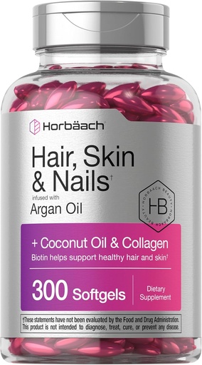 [BRSWGAI3CUBRMCTH] Horbäach Haar Haut und Nägel Vitamine | 300 Softgele | mit Biotin und Collagen | Infused mit Argan Öl und Kokosöl | Non-GMO, Glutenfreie Ergänzung