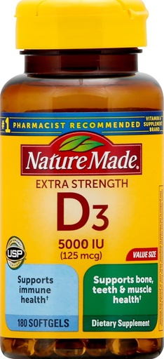[BRSWKYQ3CB7RCFTG] Extra Strength Vitamin D3 5000 IU (125 mcg), 180 Softgels Tamaño de valor, vitamina D de alta potencia axuda a apoiar a saúde inmune, ósos fortes e dentes, e función muscular