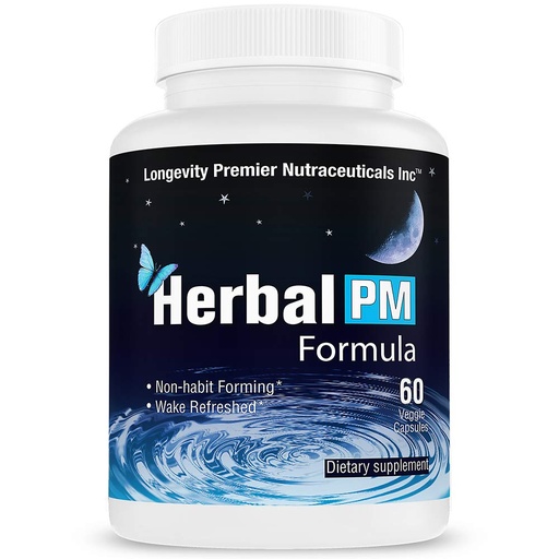 [BRSWGH37A57QI2YY] Longevity Herbal PM - Herbal Sleep Formula with 5-htp, melatonin, Valerian & GABA. 60 Veggie Capsules