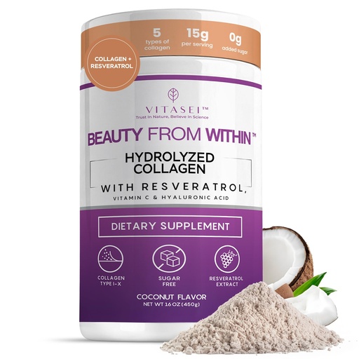 [BRSRMBL5BAHBYE35] VITASEI Collagen Peptides Powder – Hydrolyzed Collagen with Resveratrol, Vitamin C & Hyaluronic Acid – Hair, Skin, Nails & Joint Support – Coconut Flavor, 16 oz (30 Servings)