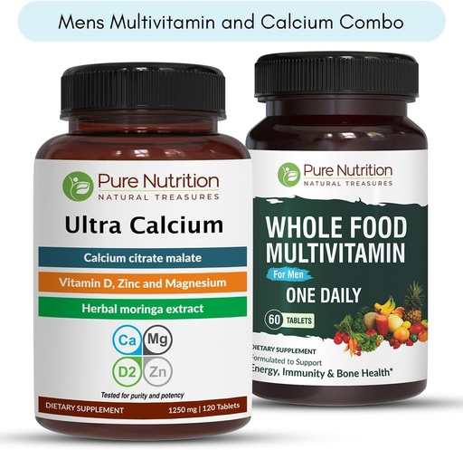 [BRSRAZ37DEGRQ3LL] Pure Nutrition Ultra Calcium 1000mg and Whole Foods Mens Multivitamins 1500mg for Healthy Bones, Joints and Overall Wellness. Ultra Calcium 90 Tabs + Mens Multivitamins 60 Tabs.